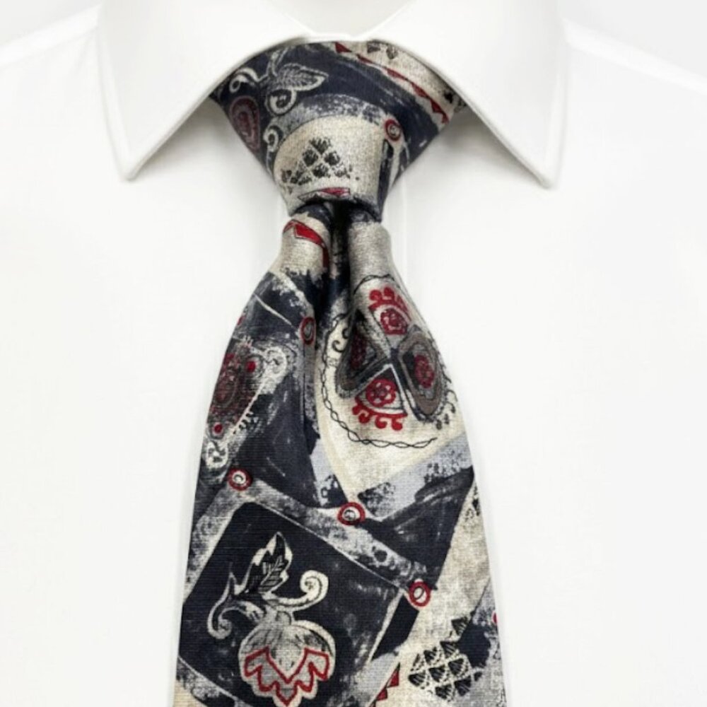 Spencer & Lowe Silk Tie Grey Red Abstract Geometric Art Deco Vintage 90's Retro
